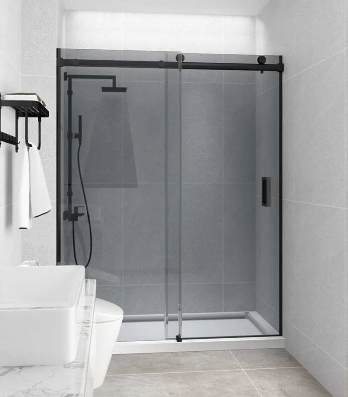 Grey Glass Matt Black Frameless Wall To Wall Shower Screen