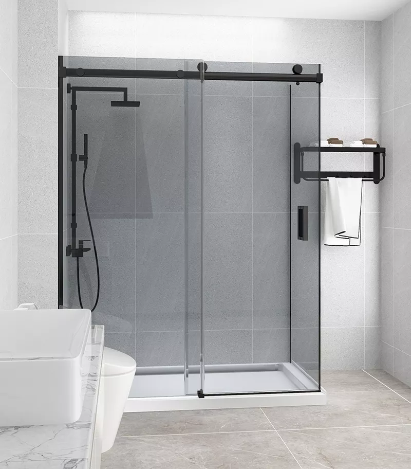 L-Shape Frameless Sliding Door Shower Screen with Grey Glass – Matte Black Fittings