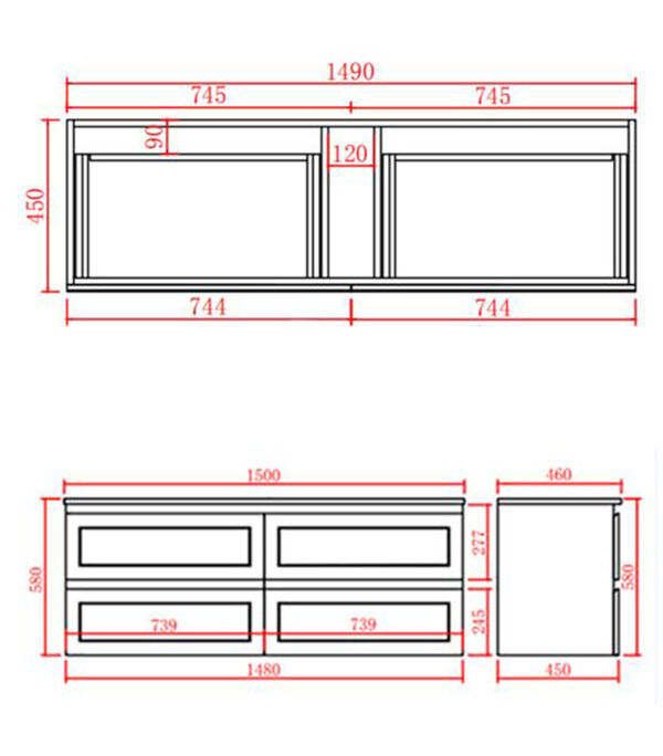 Technical Drawing For Fremantle 1500mm Single Bowl PVC Wall Hung Vanity