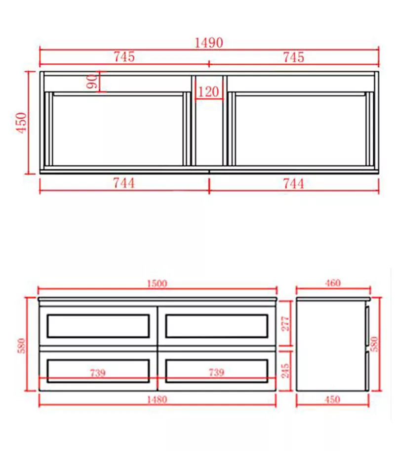 Technical Drawing For Fremantle 1500mm Single Bowl PVC Wall Hung Vanity