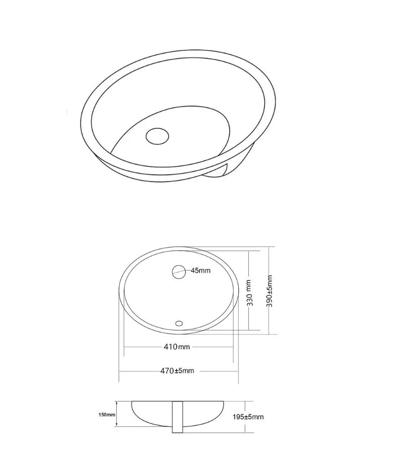 Elipps Oval Undermount Ceramic Basin 470x390x195mm - Specification