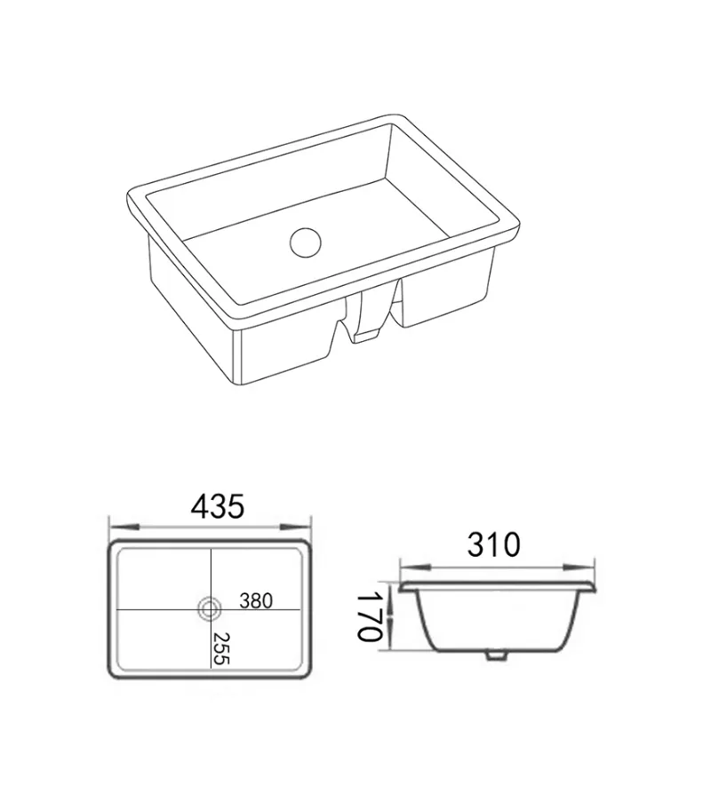 Crete Rectangle Undermount Ceramic Basin 435x310x170mm - Specification