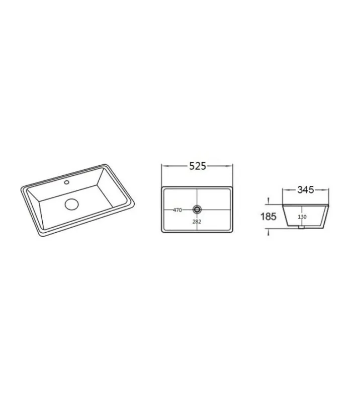Crete Rectangle Undermount Ceramic Basin 525x345x185mm - Specification