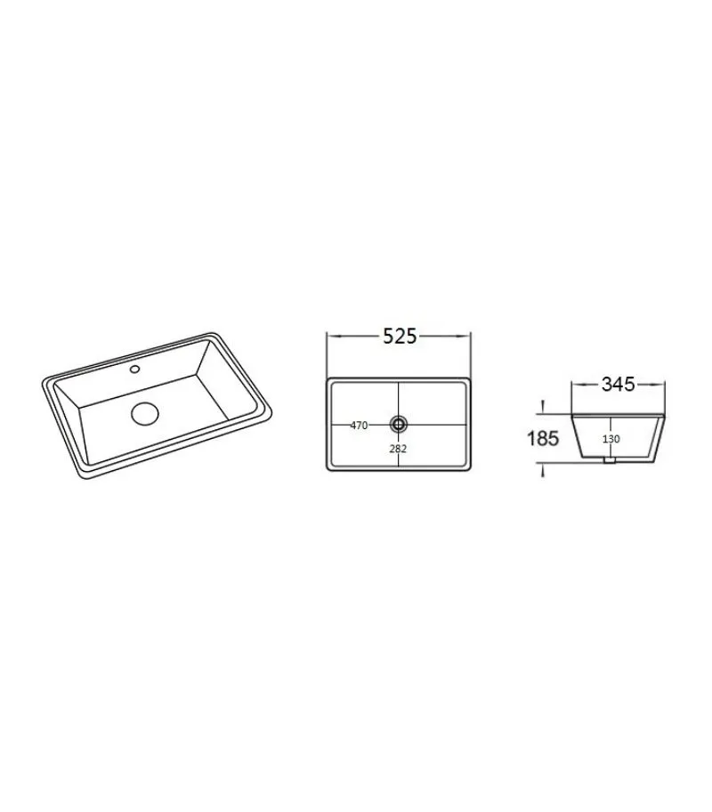 Crete Rectangle Undermount Ceramic Basin 525x345x185mm - Specification