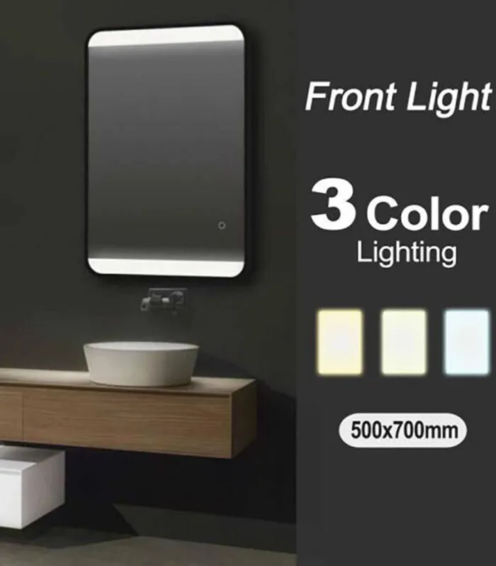 Aqua 500mm x 700mm Front Light Black Aluminum Framed Rectangle LED Mirror With 3 Color Lighting & Touch Sensor Switch