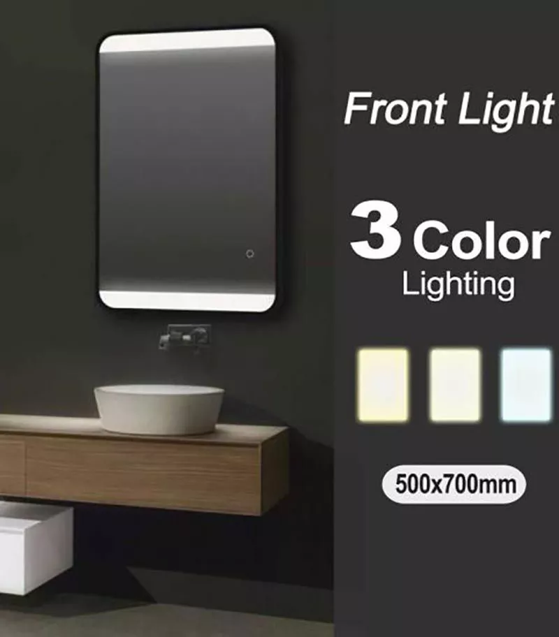 Aqua 500mm x 700mm Front Light Black Aluminum Framed Rectangle LED Mirror With 3 Color Lighting & Touch Sensor Switch