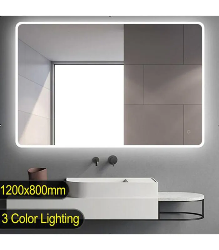 Aqua 1200mm x 800mm Curved Rim Rectangle LED Mirror With 3 Color Lighting, Acrylic Side Light & Touch Sensor Switch