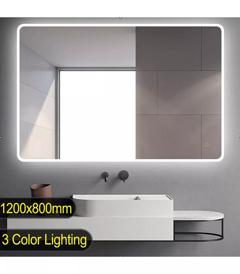 Aqua 1200mm x 800mm Curved Rim Rectangle LED Mirror With 3 Color Lighting, Acrylic Side Light & Touch Sensor Switch