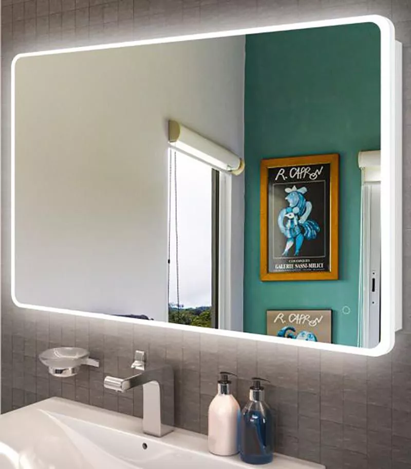 Aqua 1200mm x 800mm Curved Rim Rectangle LED Mirror With 3 Color Lighting, Acrylic Side Light & Touch Sensor Switch
