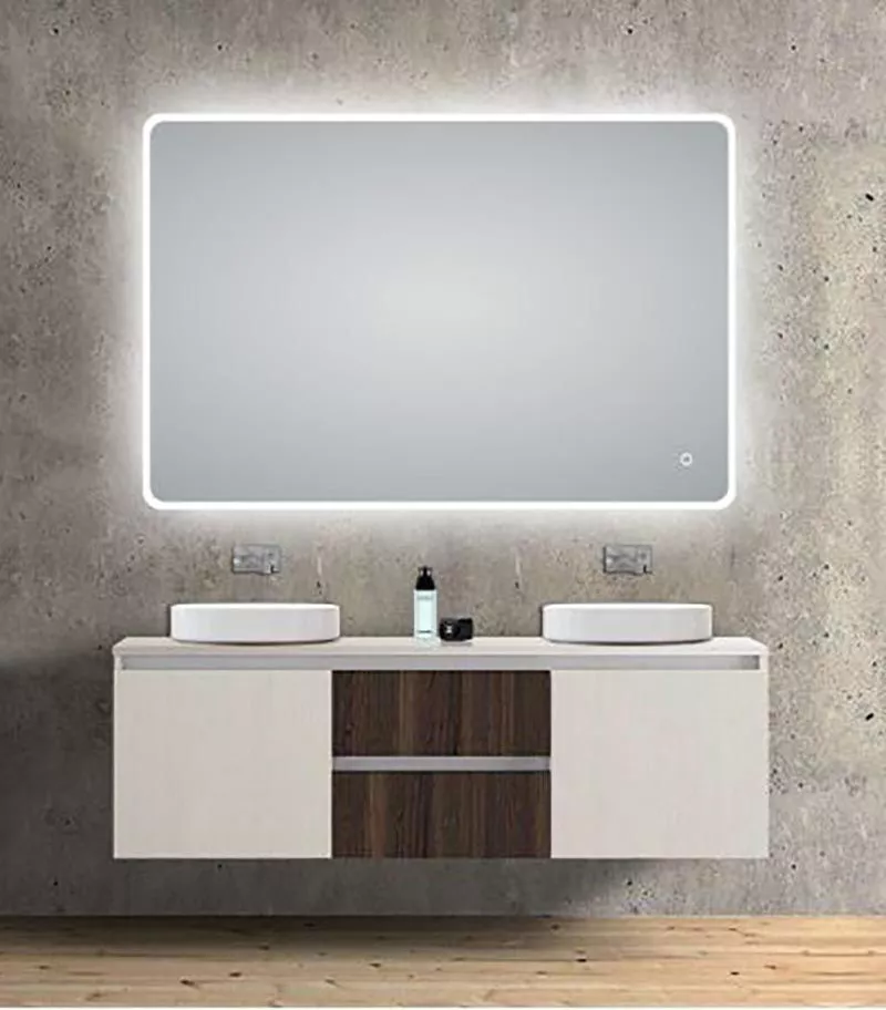 Aqua 1200mm x 800mm Curved Rim Rectangle LED Mirror With 3 Color Lighting & Touch Sensor Switch Defogger Pad