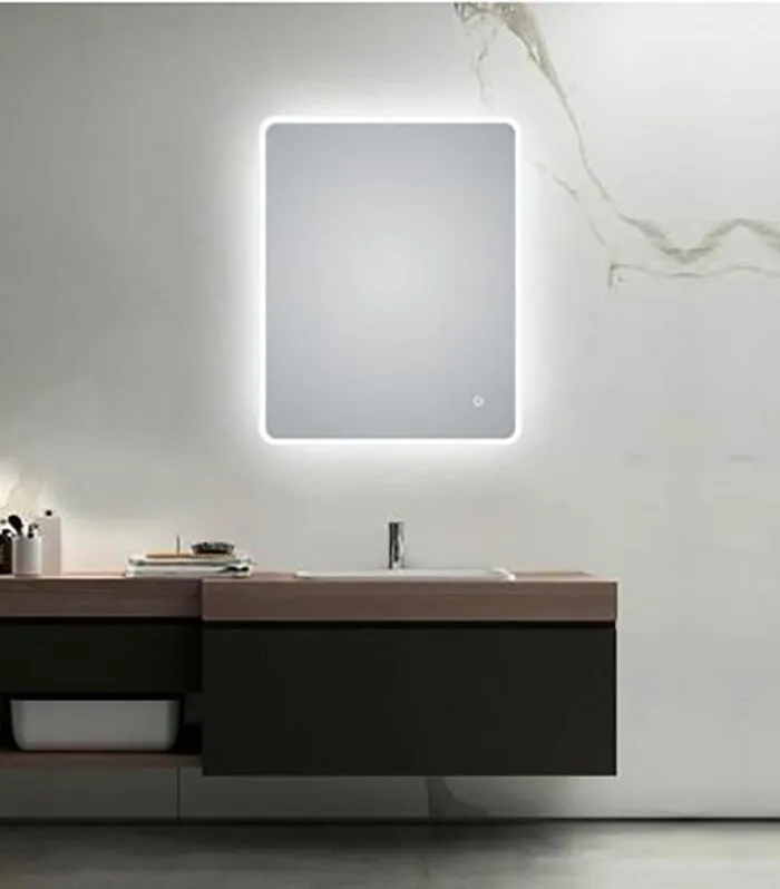 Aqua 600mm x 750mm Curved Rim Rectangle LED Mirror With 3 Color Lighting & Touch Sensor Switch Defogger Pad
