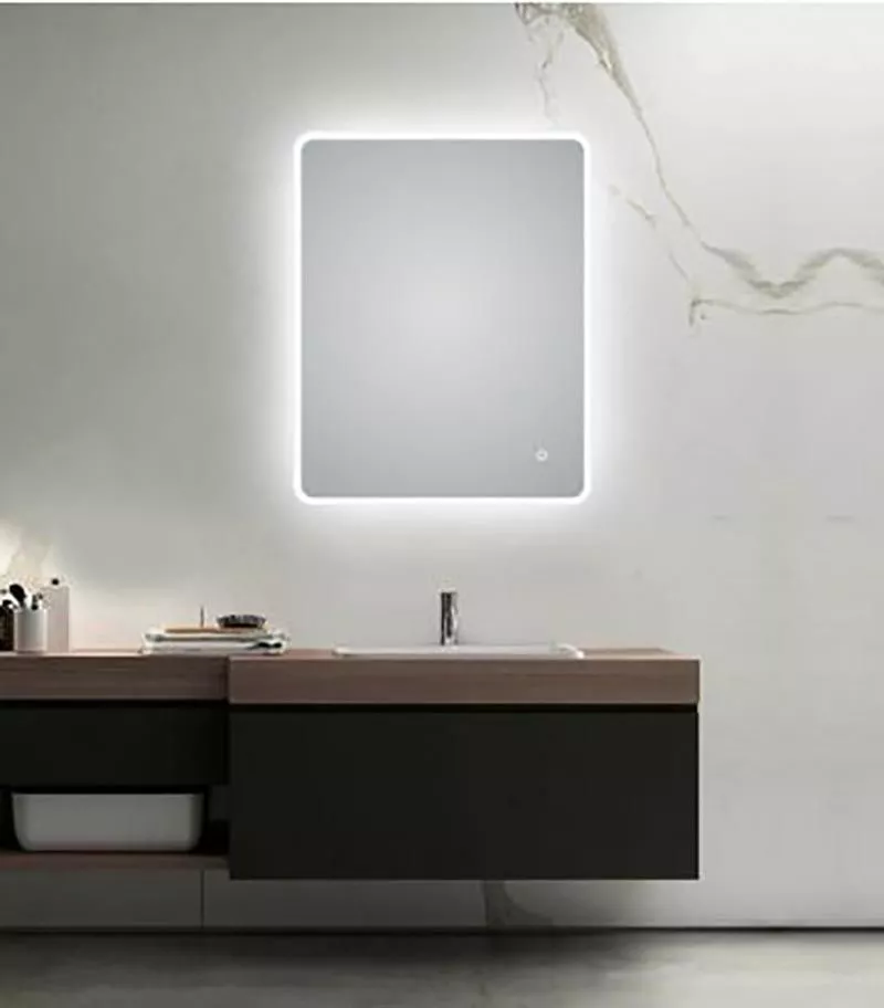 Aqua 600mm x 750mm Curved Rim Rectangle LED Mirror With 3 Color Lighting & Touch Sensor Switch Defogger Pad