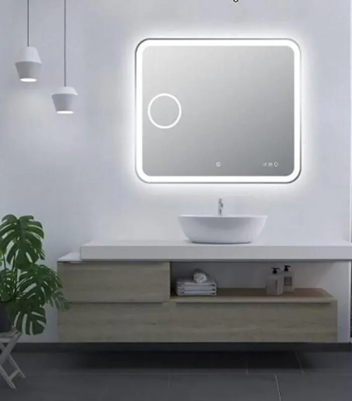 Aqua 900mm x 750mm Curved Rim Rectangle LED Mirror With Magnifier, Touch Sensor Switch & Digital Clock With Temperature