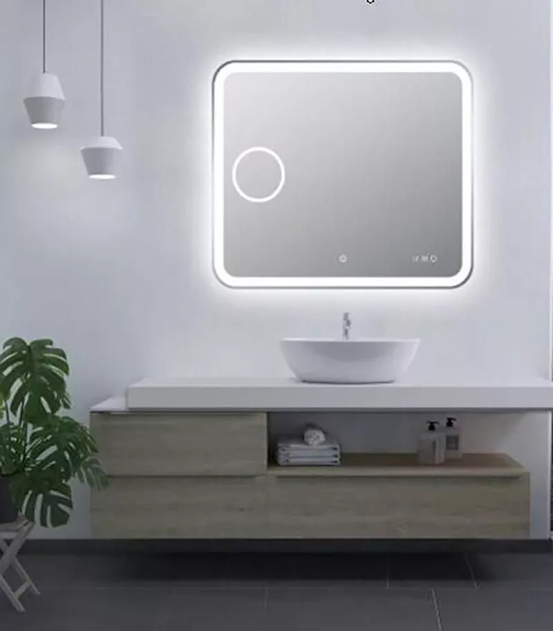 Aqua 900mm x 750mm Curved Rim Rectangle LED Mirror With Magnifier, Touch Sensor Switch & Digital Clock With Temperature