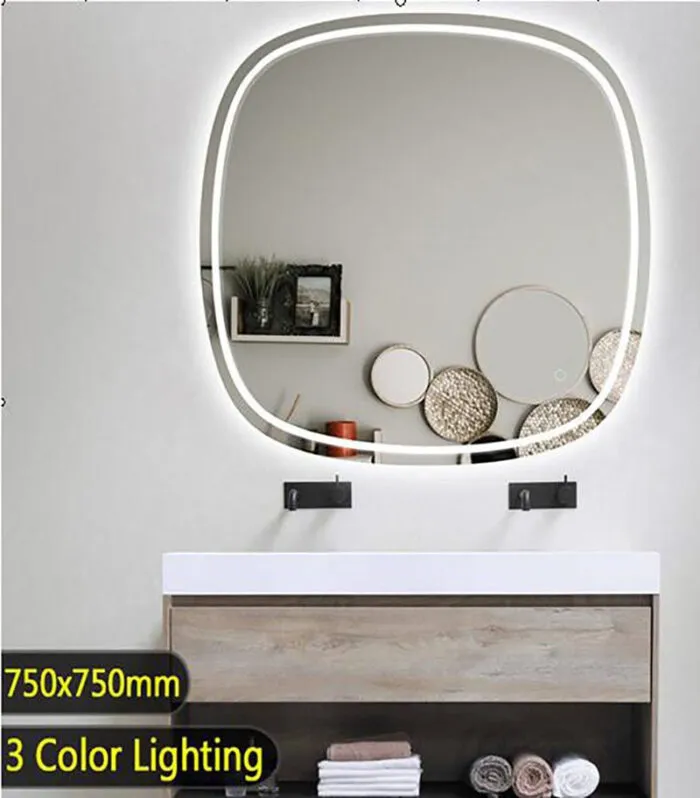 Aqua 750mm x 750mm Rounded Edge LED Mirror With 3 Color Lighting & Touch Sensor Switch
