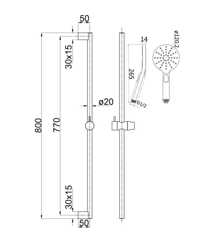Cora Hand Shower On Rail - Specification