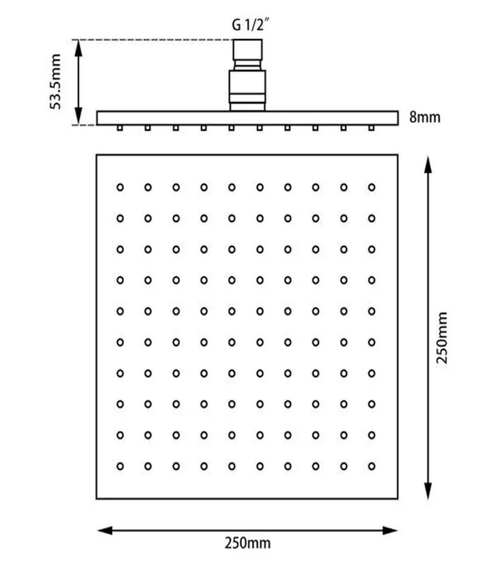 Specification For Cavallo 250mm Square Shower Head 8mm Thickness