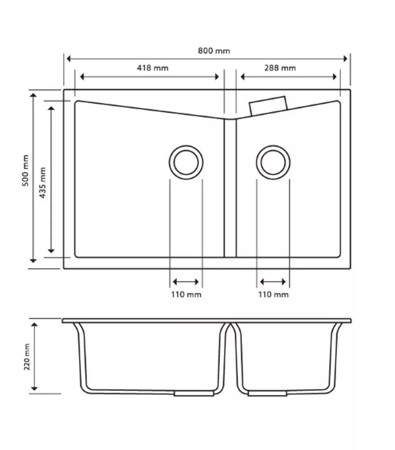 Carysil 800mm Double Bowls Granite Top/Flush Mount Kitchen Sink TWM-3220 Technical Drawing