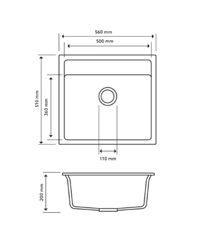 Carysil Granite Kitchen Sink 560mm Technical Drawing