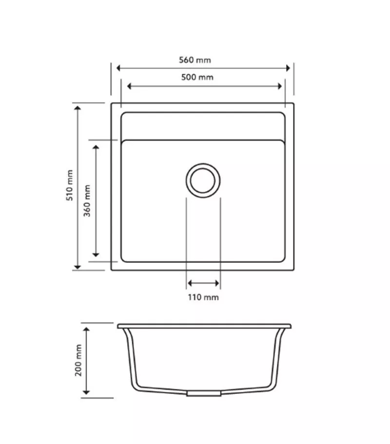 Carysil Granite Kitchen Sink 560mm Technical Drawing