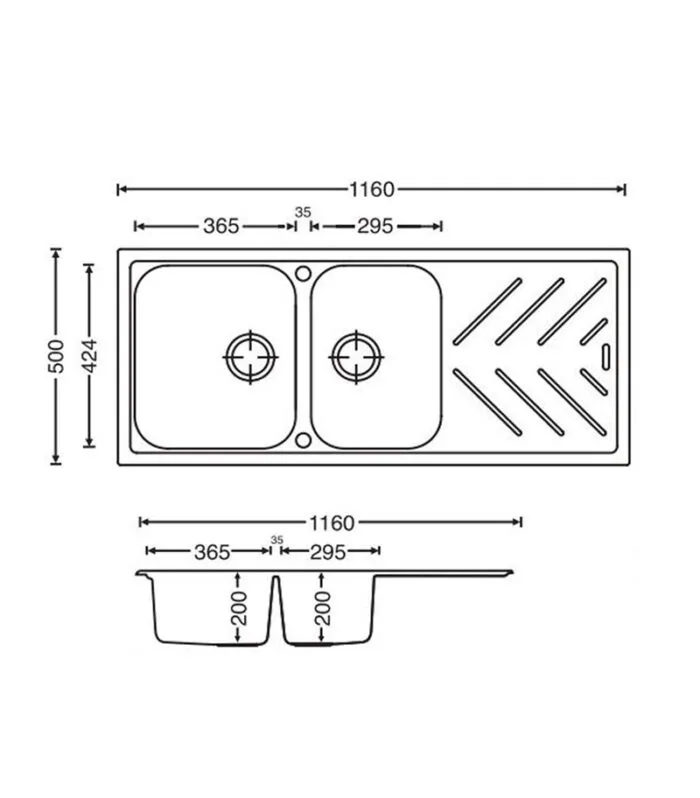 Carysil 1160mm One And 3/4 Bowls Granite Topmount With Drainer Board Kitchen Sink TWM-NBD200 Technical Drawing