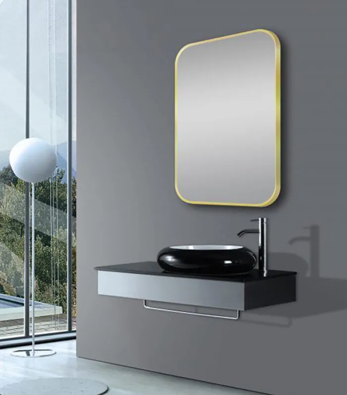 Aqua Aluminum Frame Rectangle Hanging Mirror - Brushed Gold | With Background