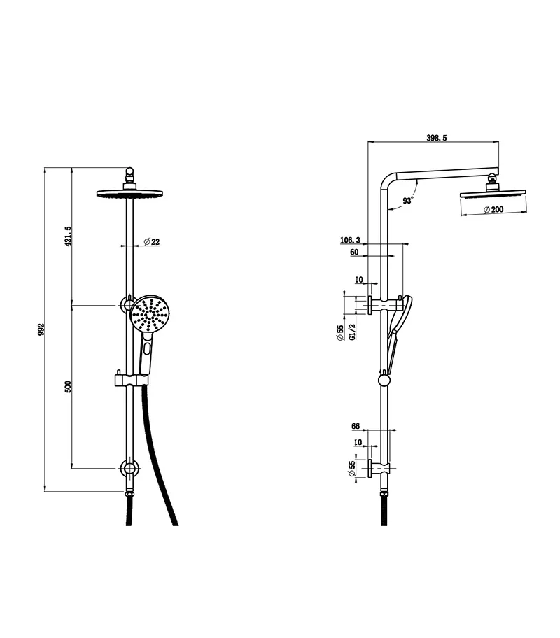 Cora Twin Shower On Rail - Top or Bottom Water Inlet | Specification