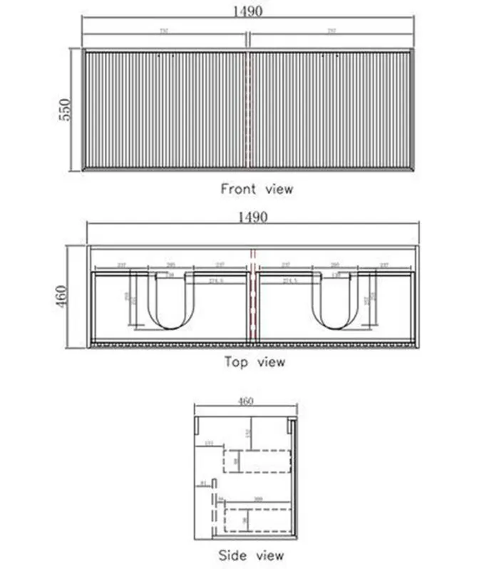Technical Drawing For Marlo Matt Black 1500mm Double Bowls Plywood Wall Hung Vanity