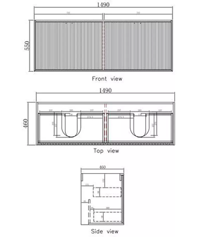 Technical Drawing For Marlo Matt Black 1500mm Double Bowls Plywood Wall Hung Vanity