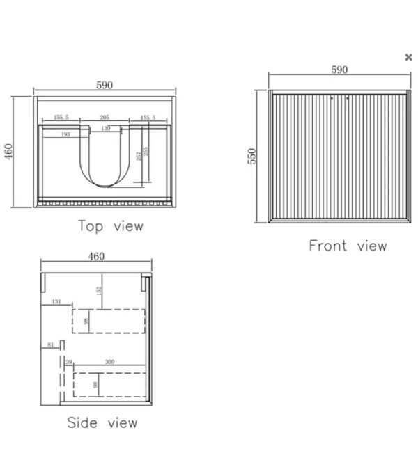 Marlo Matt Black 600mm Plywood Wall Hung Vanity MA600B Technical Drawing
