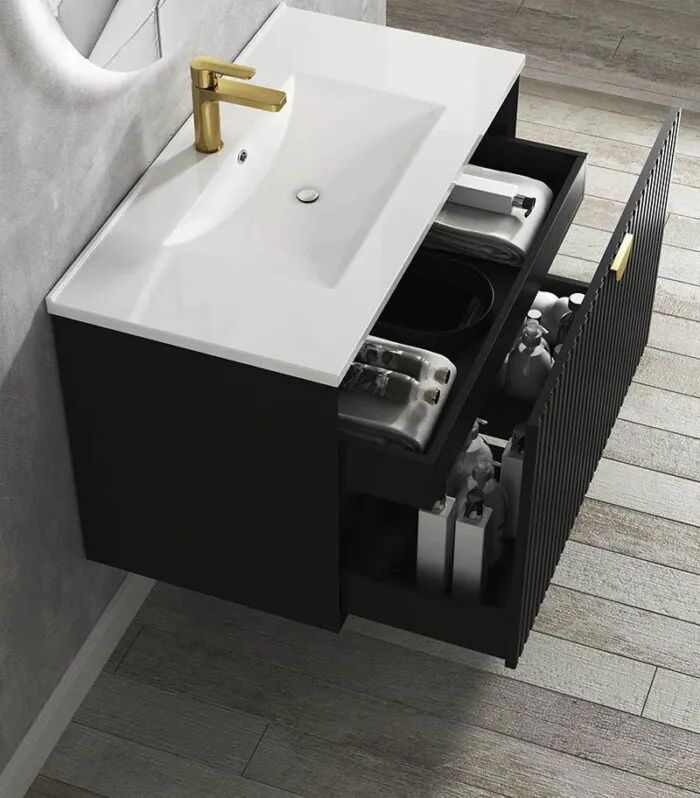 Marlo Matt Black 600/750/900mm Plywood Wall Hung Vanity Sideview