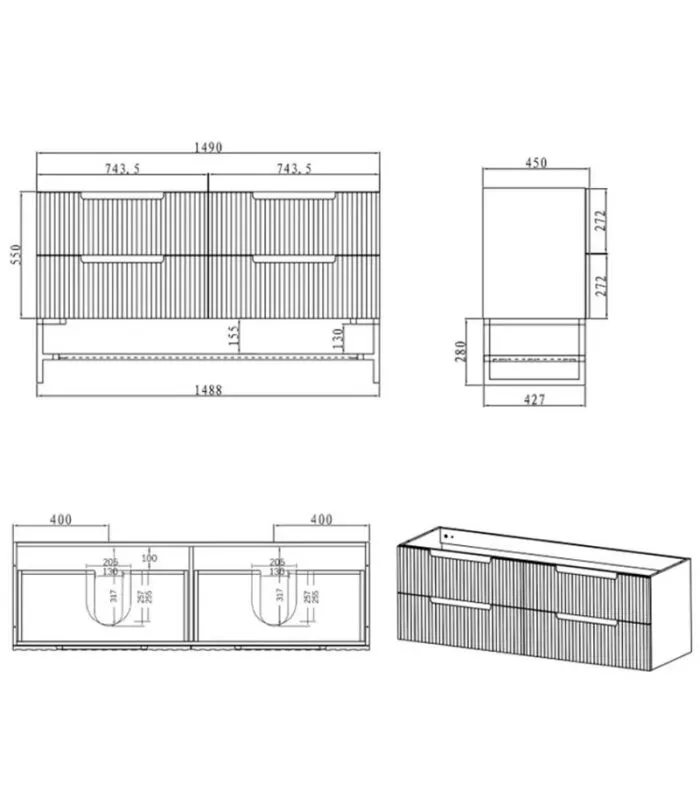 Technical Drawing For Noosa Matt White 1500mm Double Bowls Plywood Wall Hung Vanity