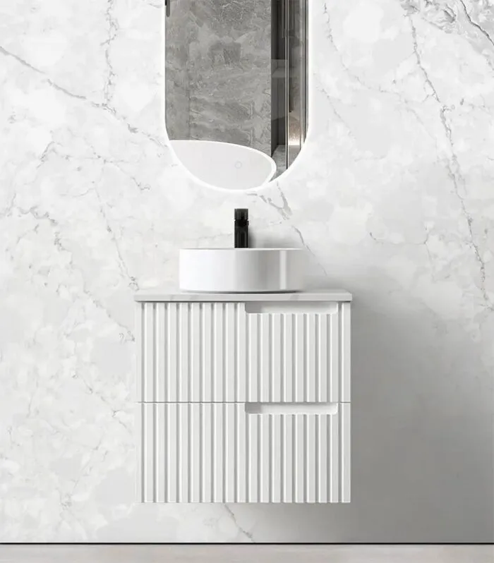 Noosa Matt White 600mm Plywood Wall Hung Vanity With Carrara Stone Top