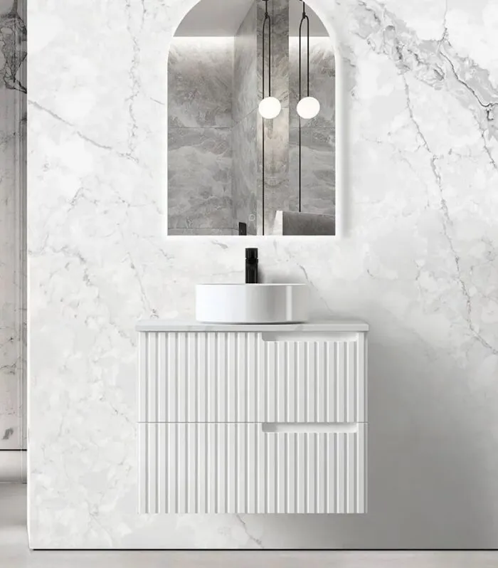 Noosa Matt White 750/900mm Plywood Wall Hung Vanity With Carrara Stone Top