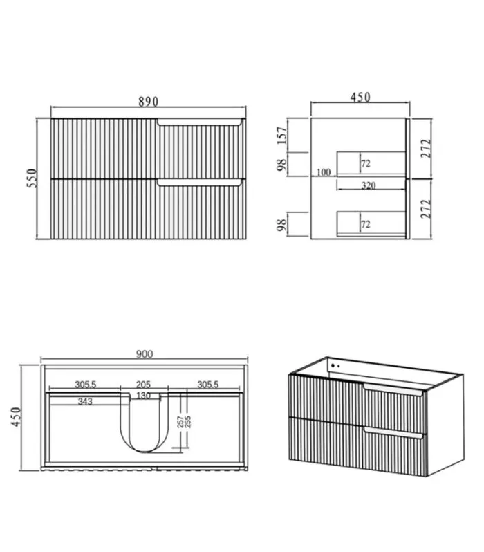 Technical Drawing For Noosa Matt White 900mm Plywood Wall Hung Vanity