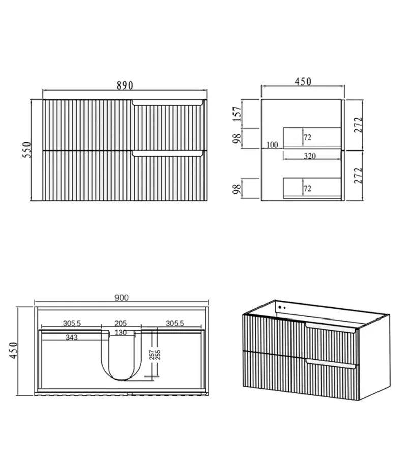 Technical Drawing For Noosa Matt White 900mm Plywood Wall Hung Vanity
