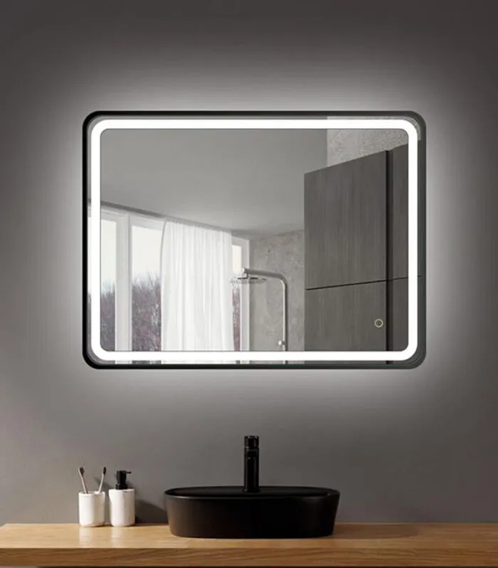 Reno 900mm x 750mm Matt Black Framed Square LED Mirror