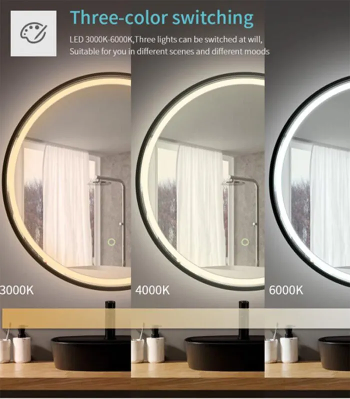 Reno Matt Black Framed Round LED Mirror - Color Changing