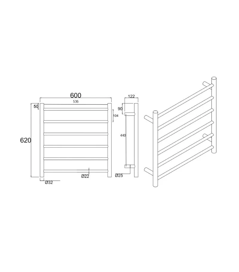 Aqua Round Heated Towel Rack 6 Bars Specification