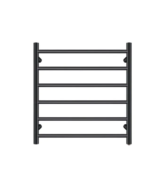 Aqua Round Matt Black Heated Towel Rack 6 Bars
