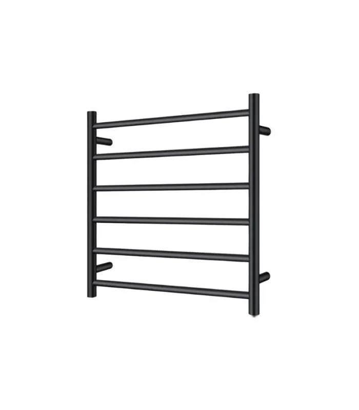 Aqua Round Matt Black Heated Towel Rack 6 Bars Sideview