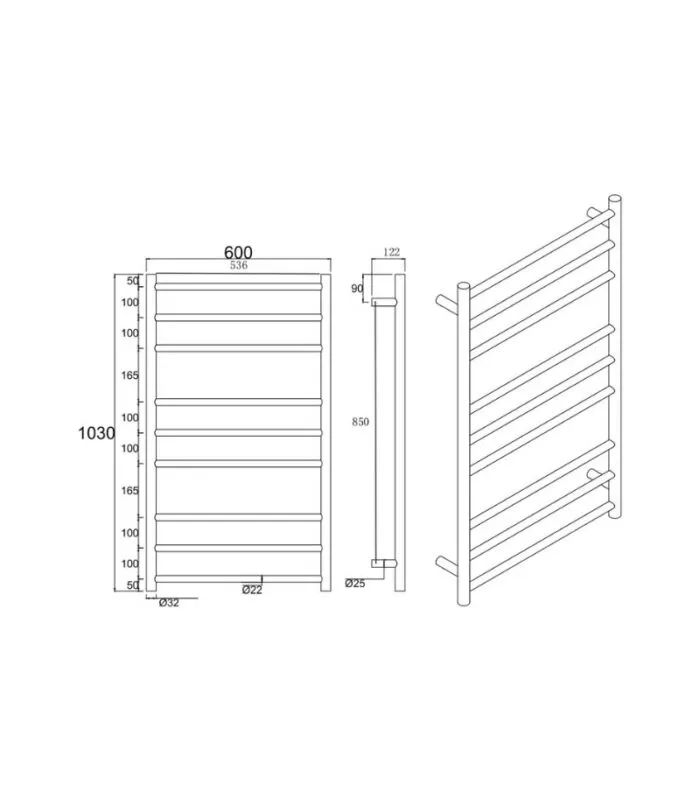 Aqua Round Heated Towel Rack 9 Bars - Specification