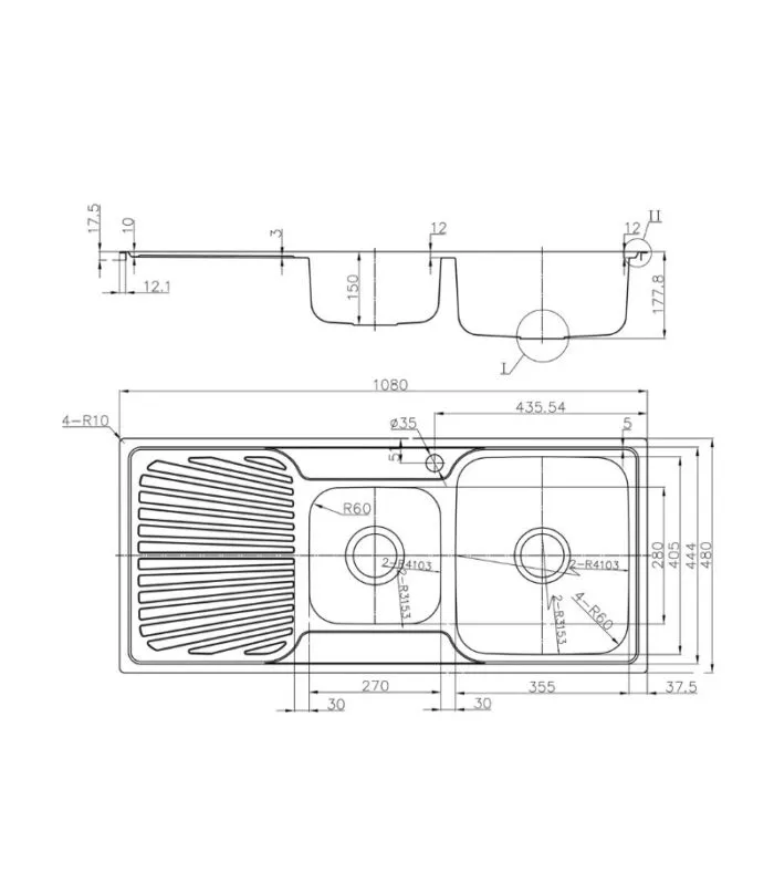 Otus 1080x480x177mm Stainless Steel 1&1/2 Bowl Sink with Drainer - RHB | Specification