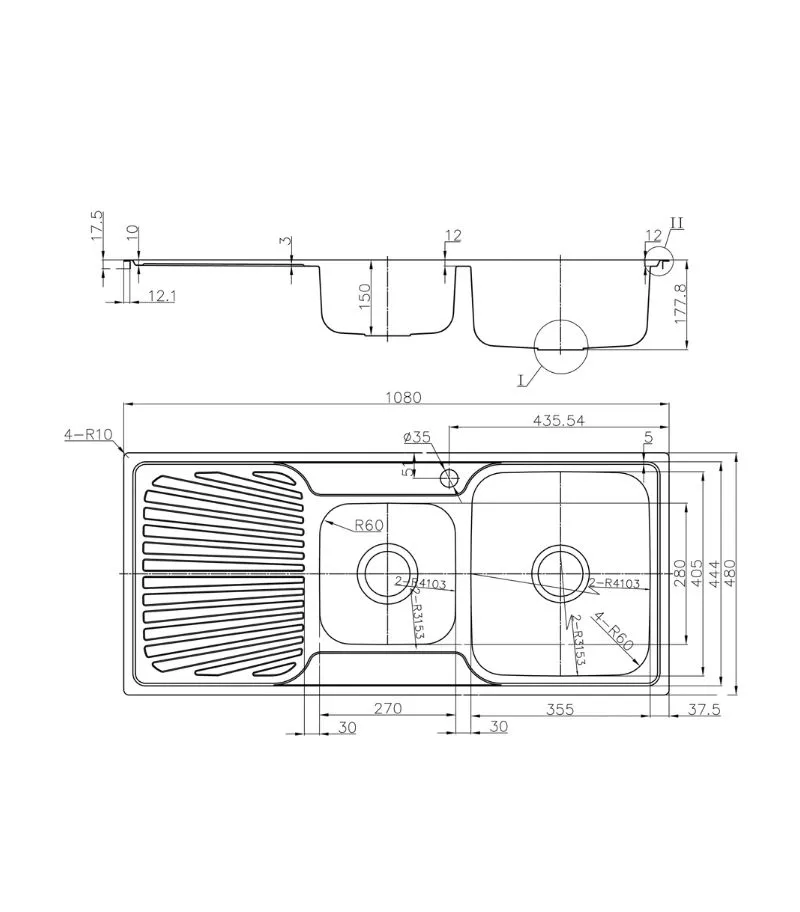 Otus 1080x480x177mm Stainless Steel 1&1/2 Bowl Sink with Drainer - RHB | Specification