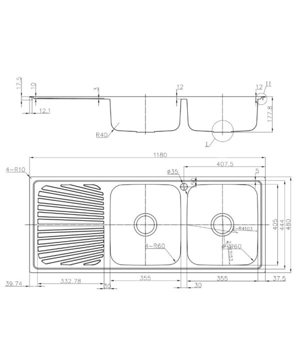 Otus 1180x480x177mm Stainless Steel Double Bowl Sink with Drainer - RHB | Specification