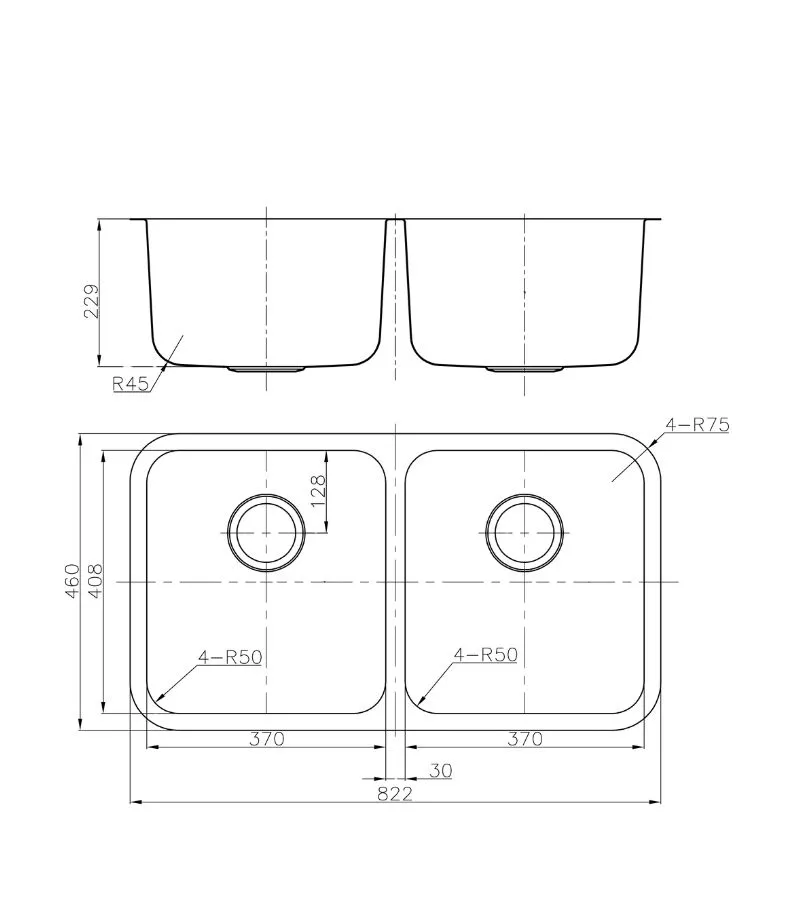 Otus 822x460x229mm Stainless Steel Double Bowl Sink - Specification