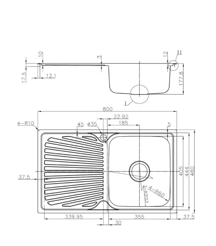 Otus 800x480x177mm Single Bowl Sink with Drainer - RHB | Specification