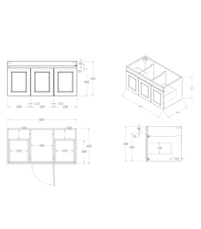 Technical Drawing For Hampton Shaker 900mm Plywood Wall Hung Vanity