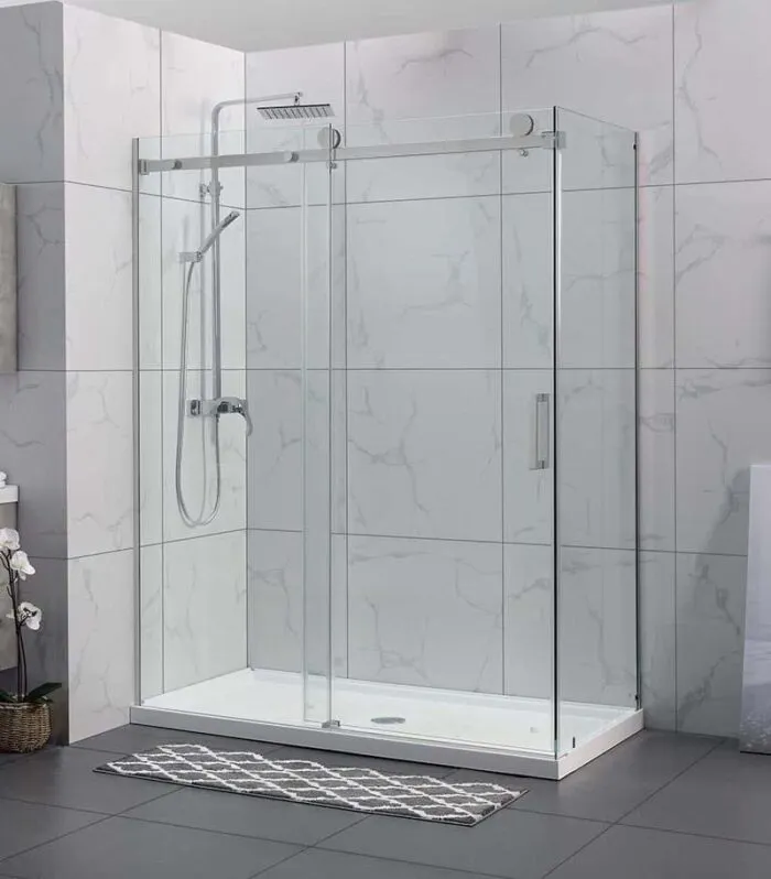 Square & L-Shape Frameless Sliding Door Shower Screen – Brushed Nickel Fittings