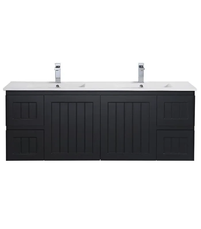 Acacia Shaker Matt Black 1500mm Double Bowls PVC Wall Hung Vanity